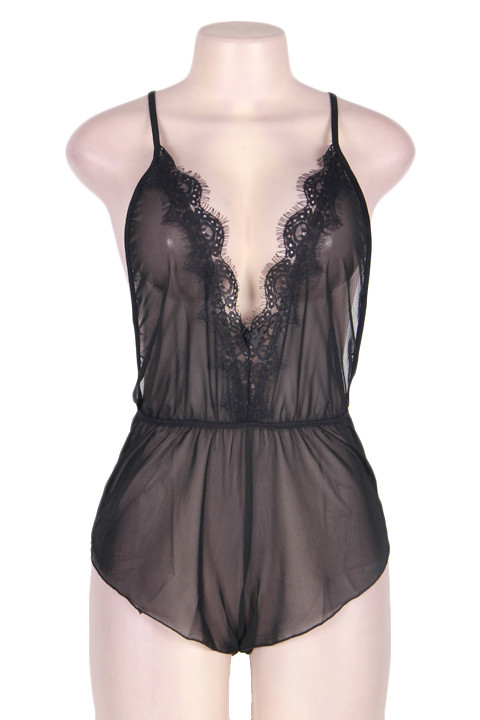 Jacques Black Chiffon Cross Back Plunging Romper Teddy  Plus Size