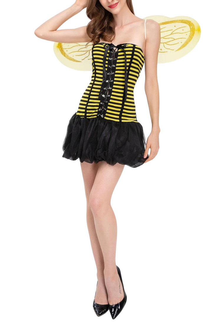 Sexy Queen Bee Black and Yellow Stripe Tutu Dress with Wings Animal Costume Dress