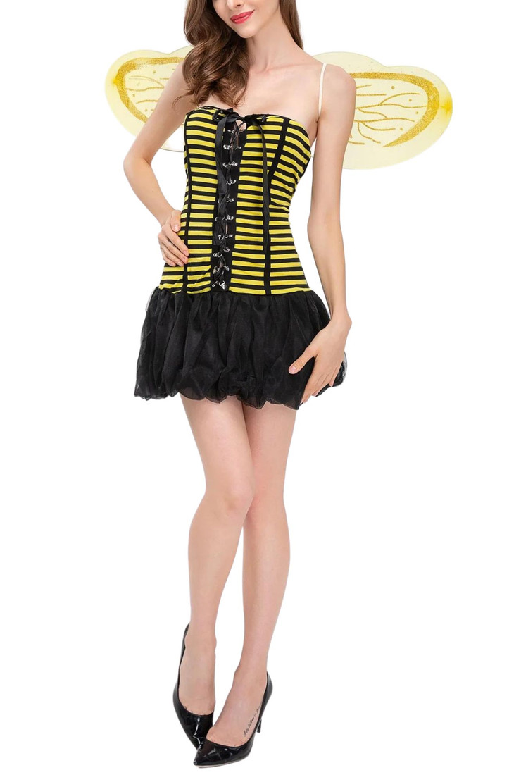 Sexy Queen Bee Black and Yellow Stripe Tutu Dress with Wings Animal Costume Dress