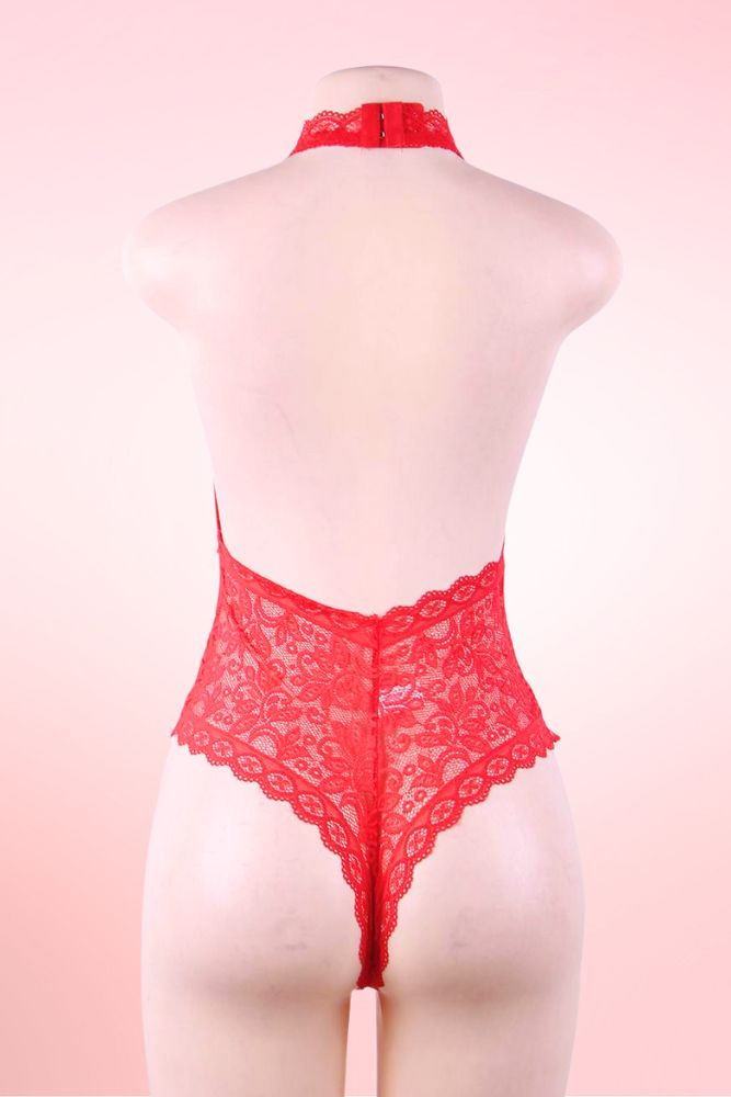 Zoe Halter Red Lace Teddy Bodysuit