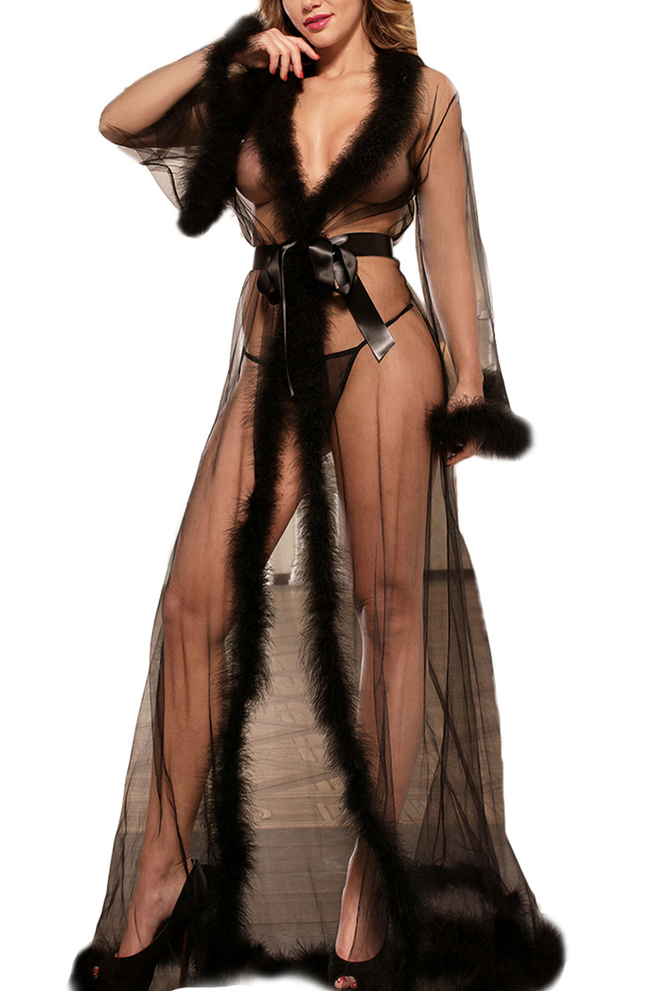 Black Old Hollywood Sheer Marabou feather Long Robe Gown