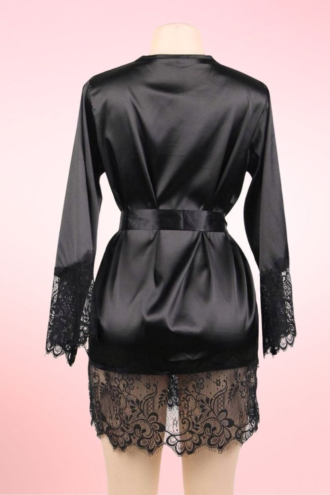 Veronica Plus Size Black Satin Robe with Lace