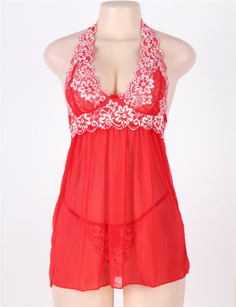 Red Ada Embroidered Halter Lace Babydoll