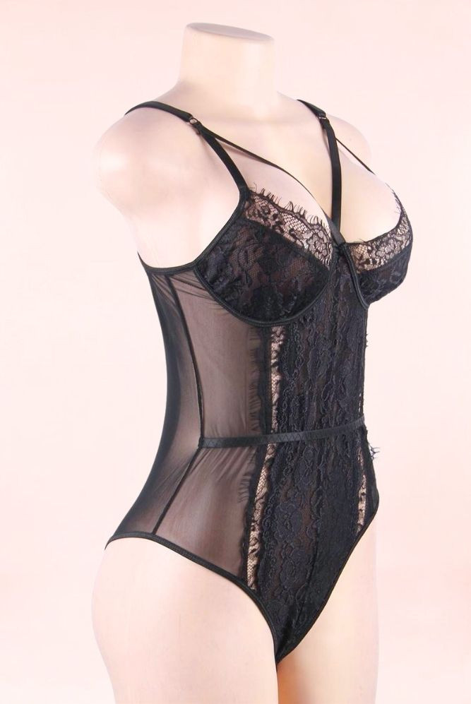 Naomi Black Lace Bodysuit Teddy Lingerie actual product picture on a mannequin quarter side view
