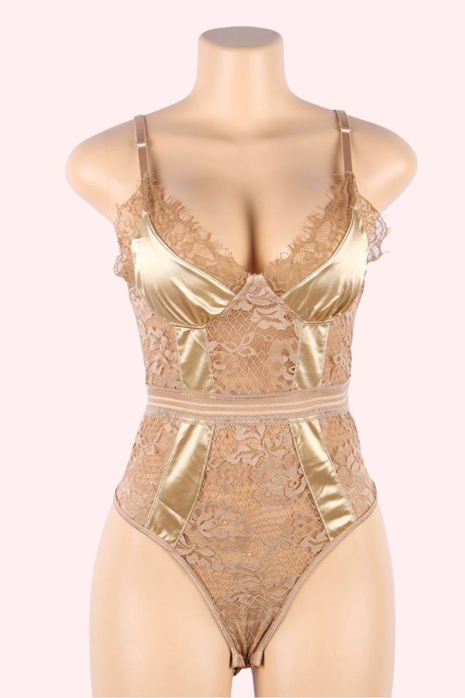 Teagan beige nude lace and satin teddy lingerie and bodysuit actual product photo on a mannequin front view
