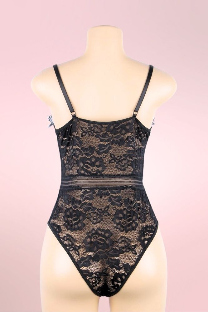 Teagan Black Satin Lace Bodysuit Teddy Lingerie