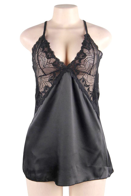  Gilian Black Satin Lace Sleep Chemise