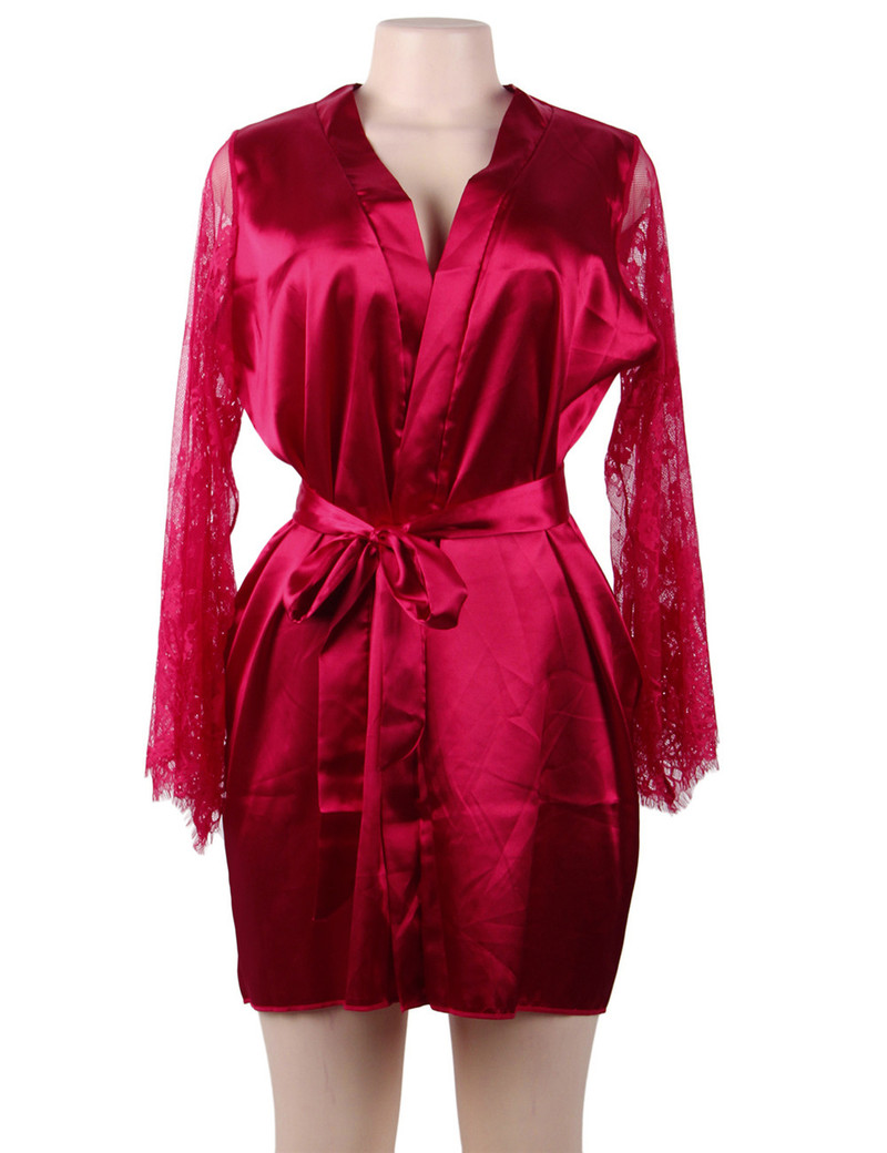 Emy Red Satin Lace Sleeves Robe Set Plus Size