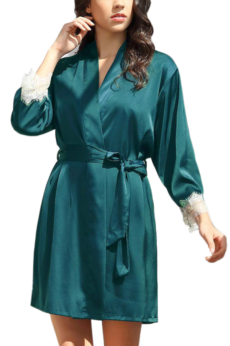 Ella Emerald Green Satin Chemise Robe Lingerie Set