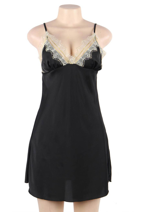 Ella Black Satin Chemise Robe Lingerie Set Plus Size