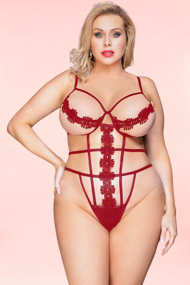 Nora Maroon Strappy Caged Embroidered Teddy Plus Size