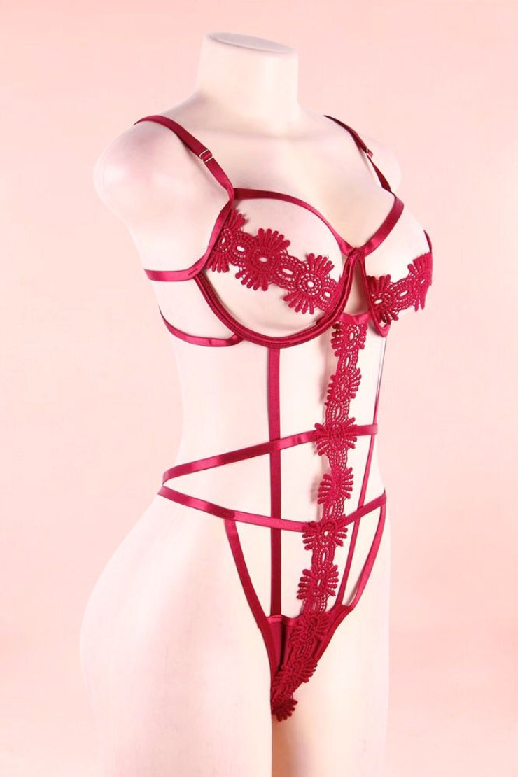 Nora Maroon Strappy Caged Embroidered Teddy Plus Size