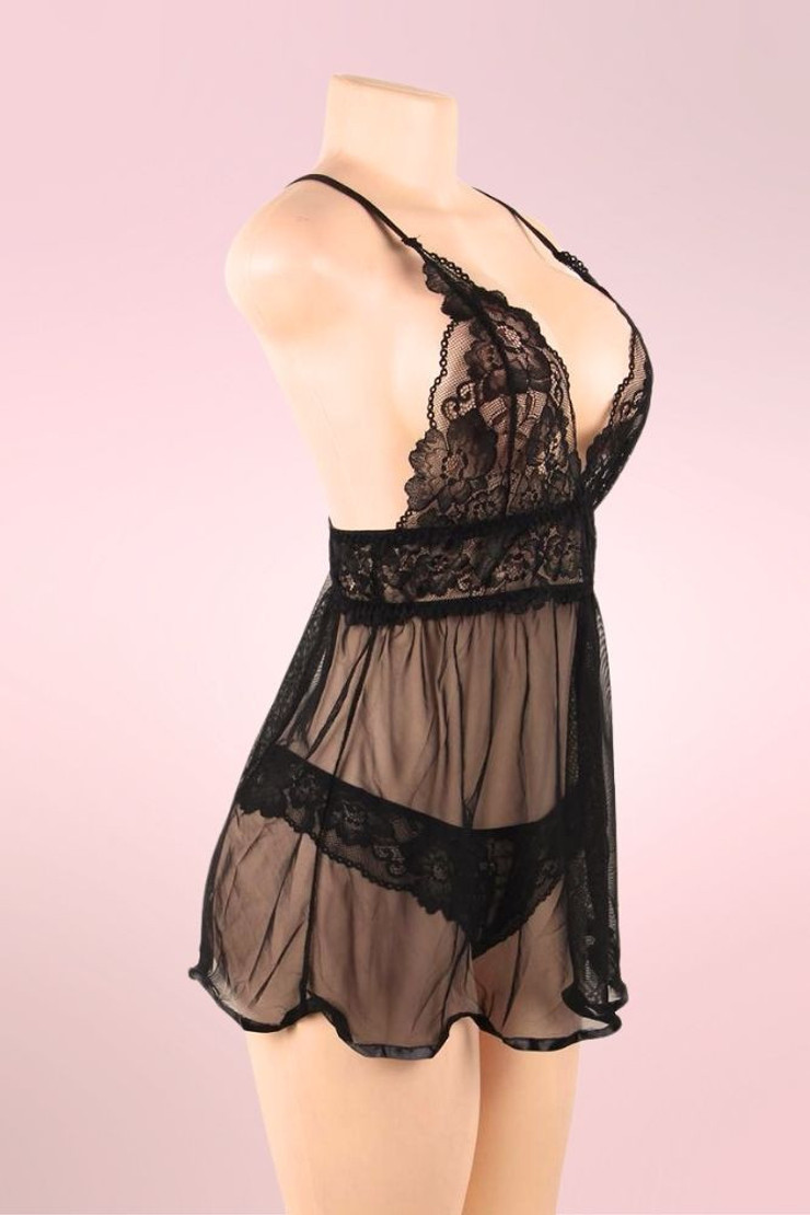 Neve Black Plus Size Lingerie Babydoll Nightdress actual product picture on a mannequin quarter side view 