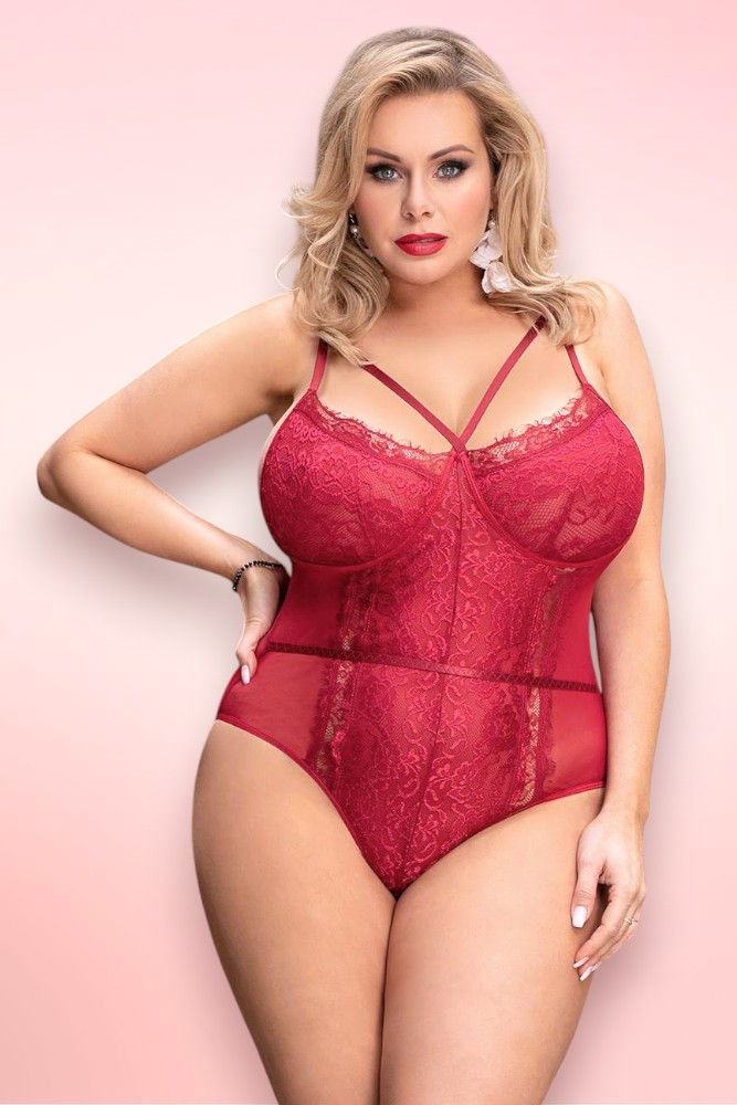  Naomi Maroon Lace Plus Size Teddy Bodysuit