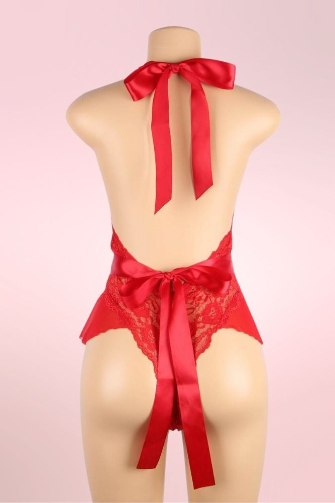 Victoria Plunging Red Lace Bodysuit Teddy Lingerie  actual product picture on a mannequin backview 