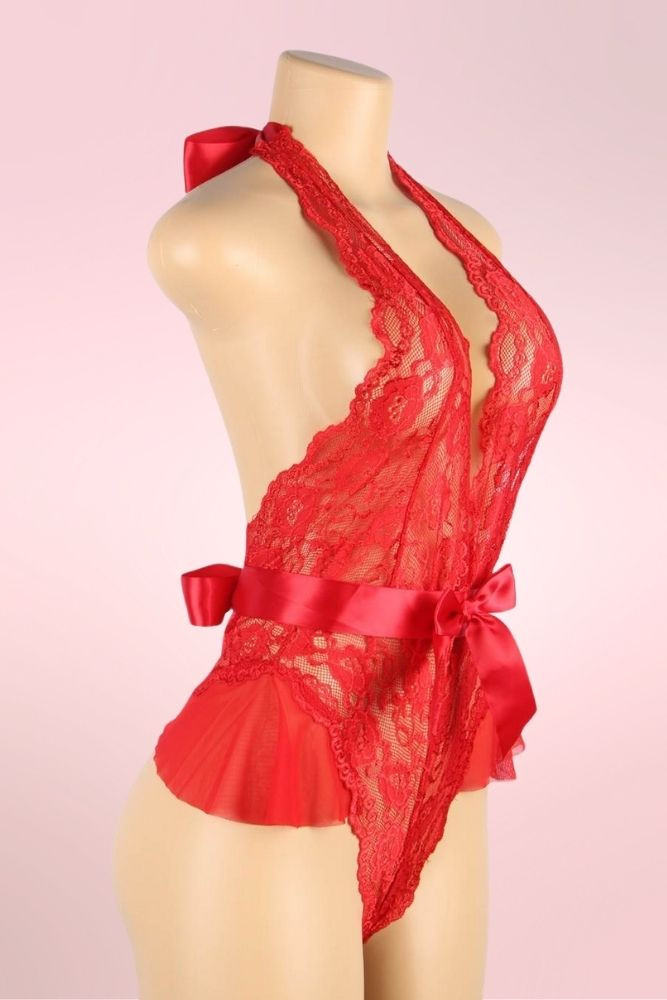 Victoria Plunging Red Lace Bodysuit Teddy Lingerie actual product picture on a mannequin quarter side view 
