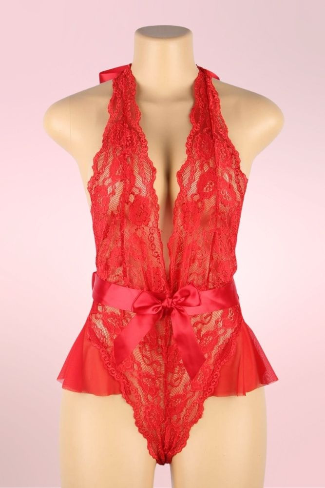 Victoria Plunging Red Lace Bodysuit Teddy Lingerie  actual product picture on a mannequin front view 