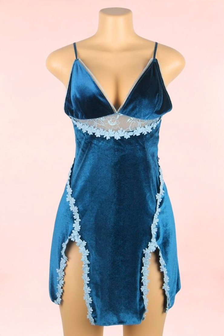 Vicky Teal Velour Luxe Side Slit Chemise 