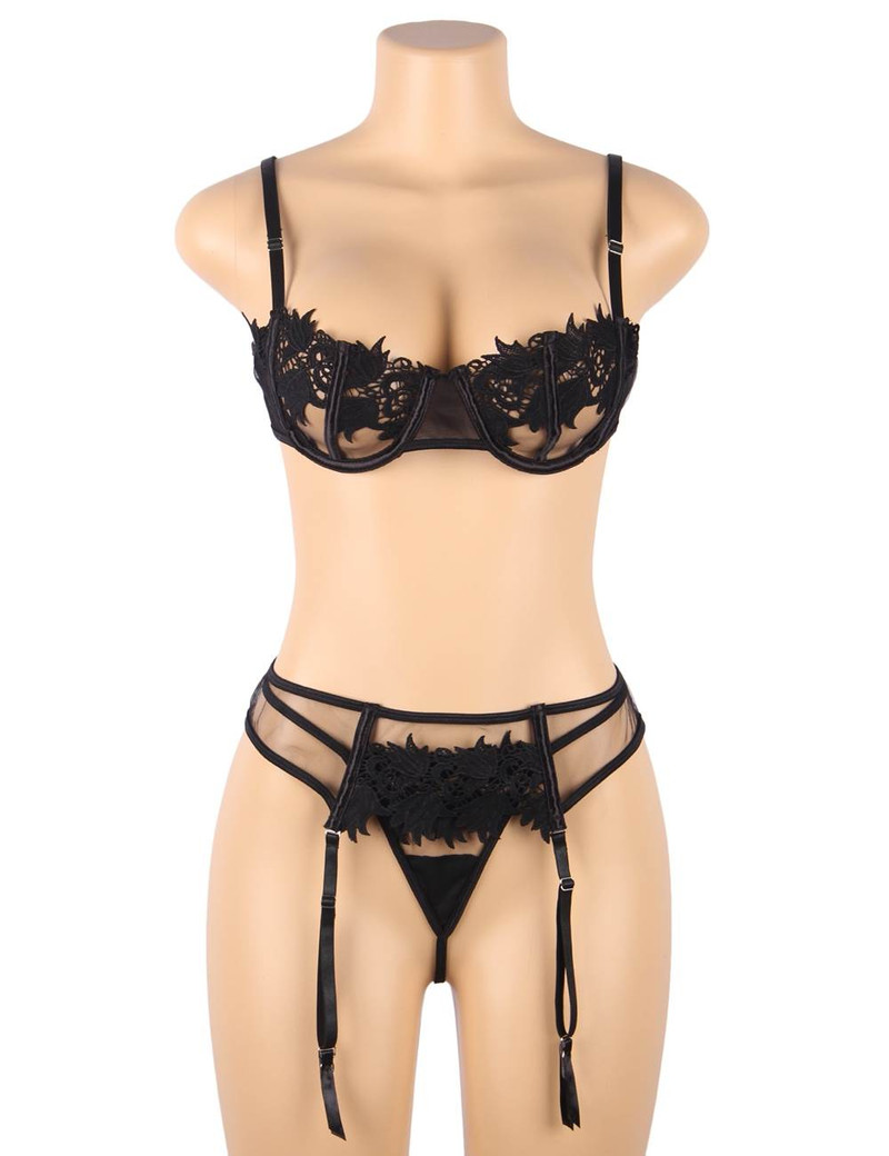Isabella Black Bralette Garter Belt and Thong Lingerie Set