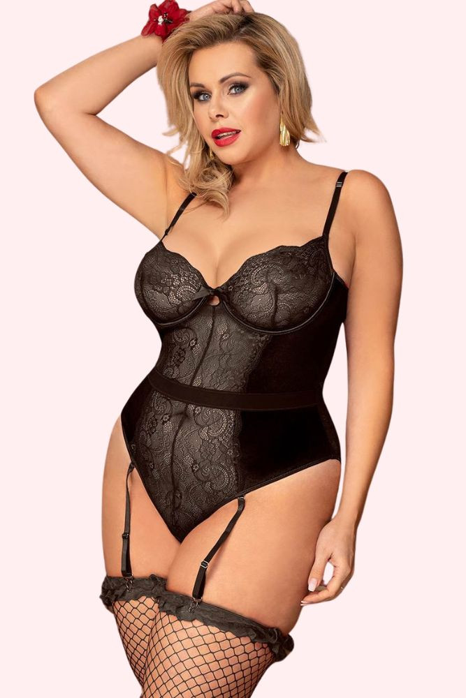 Bridgette Black Lace Underwire Velvet Garter Teddy Plus Size