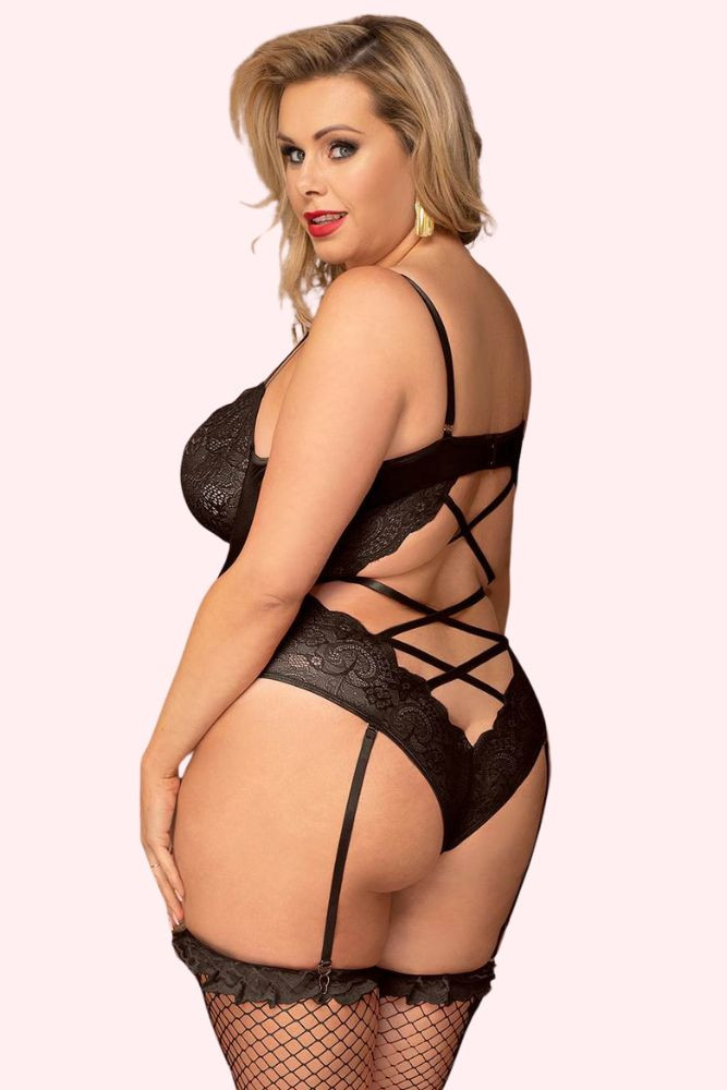 Bridgette Black Lace Underwire Velvet Garter Teddy Plus Size