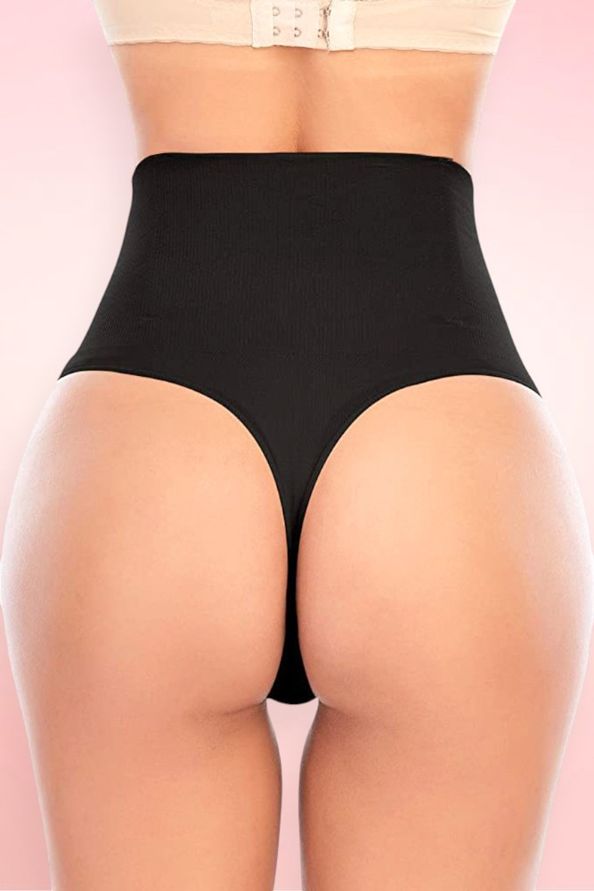 Black high waist thong shapewear girdle showing seamless no panty line back design.