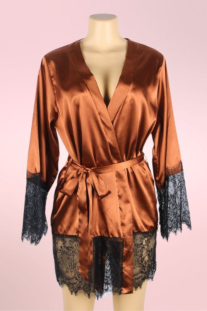 Veronica Brown Satin Plus size Robe with black eyelash lace trim  actual product picture on a mannequin front view 