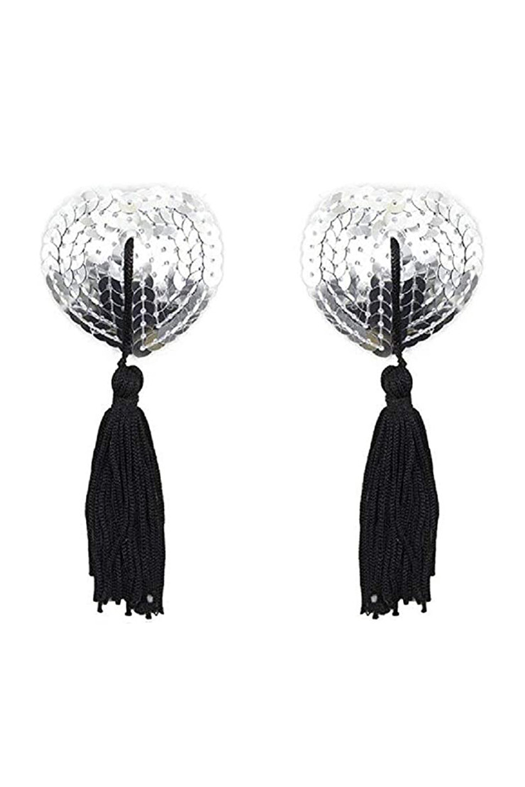 Silver Heart Sequin Black Tassel Nipple Pasties