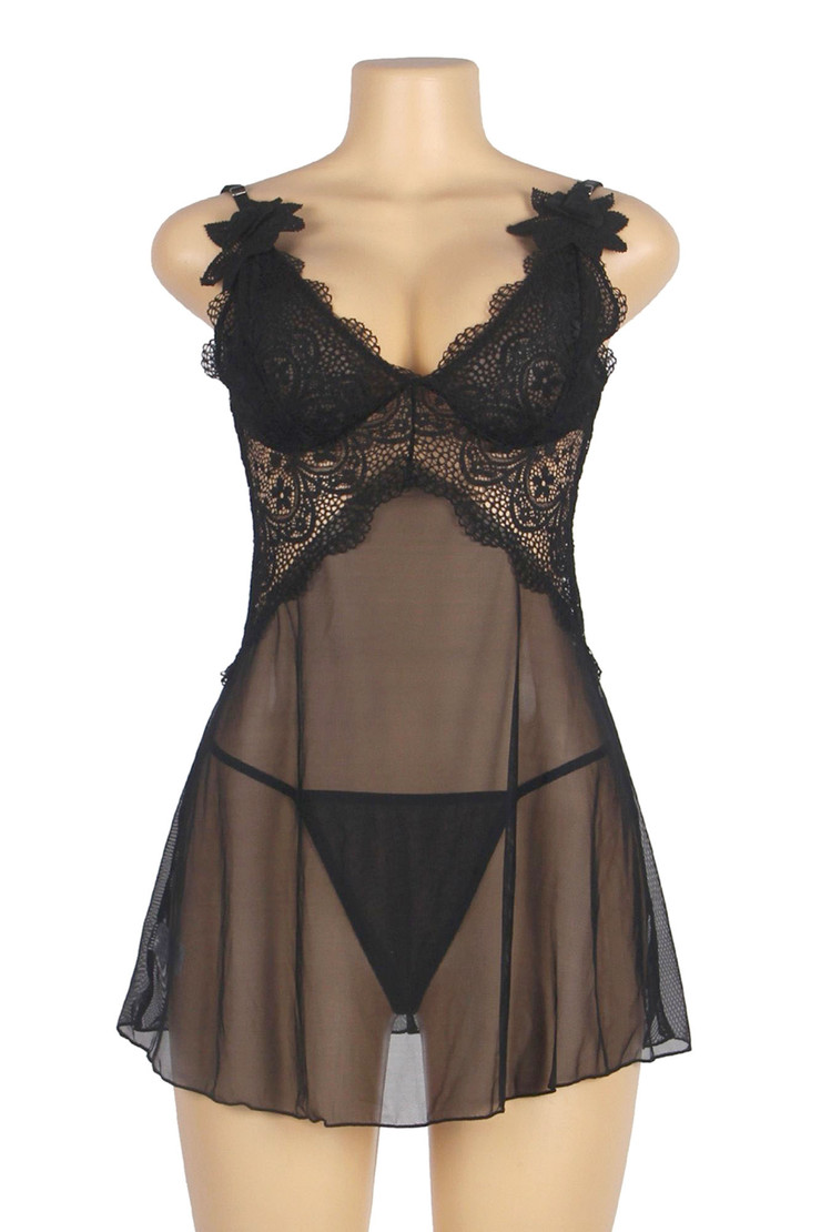 Heidi Black Lace Halter Empire Waist Babydoll Plus Size