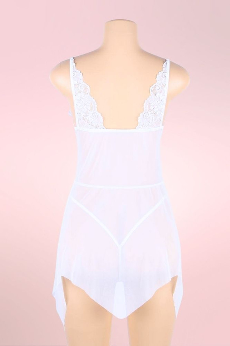 Lauren Bridal White Lace Babydoll Lingerie with Asymmetric Hem  actual product picture on a mannequin backview 