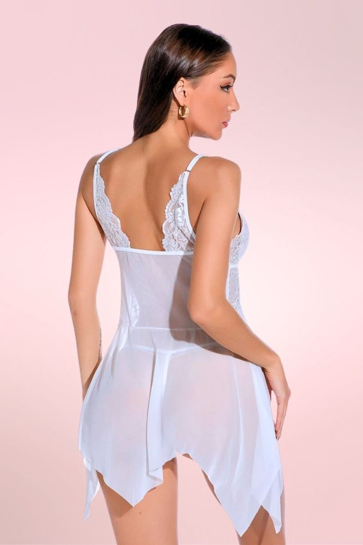 Lauren Bridal White Lace Babydoll Lingerie with Asymmetric Hem  worn by a model back view 