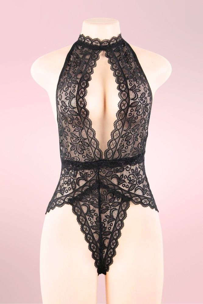 Zoe Black lace Bodysuit Teddy Lingerie with Plunging Neckline  actual product picture on a mannequin front view 