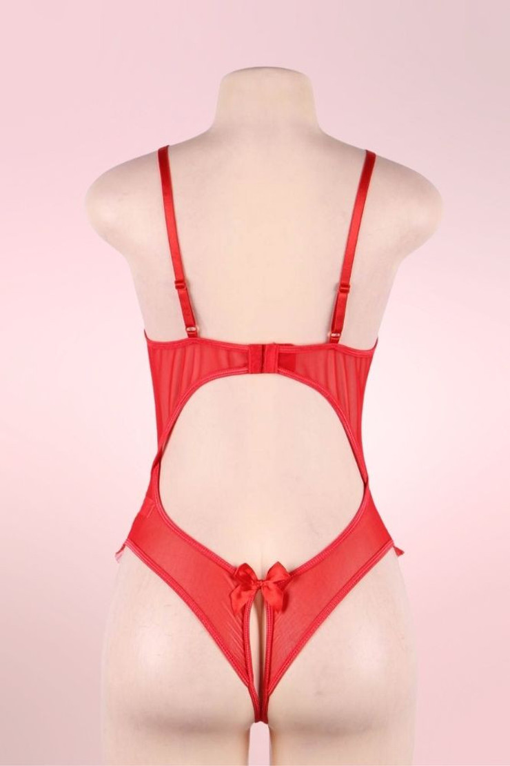 Lottie Red Lace Cupless Bodysuit Teddy Crotchless Lingerie  actual product picture on a mannequin backview 