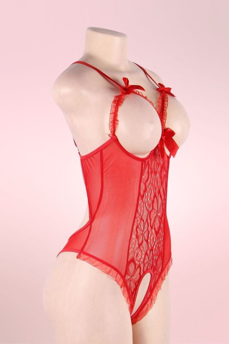 Lottie Red Lace Cupless Bodysuit Teddy Crotchless Lingerie actual product picture on a mannequin quarter side view 