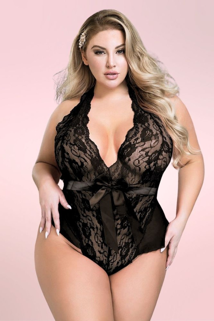Victoria Plunging Black Lace Plus Size Bodysuit Teddy Lingerie  worn by a model front view  