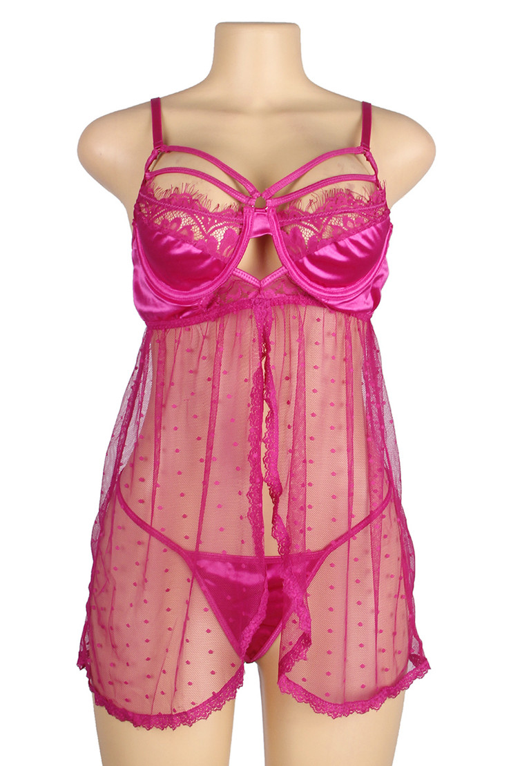 Arya Pink Dotted Mesh Open Front Babydoll