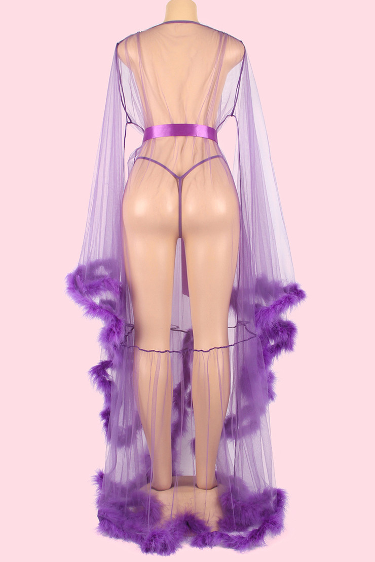 Gwyneth Amethyst Sheer Retro Glam Marabou Long Night Gown