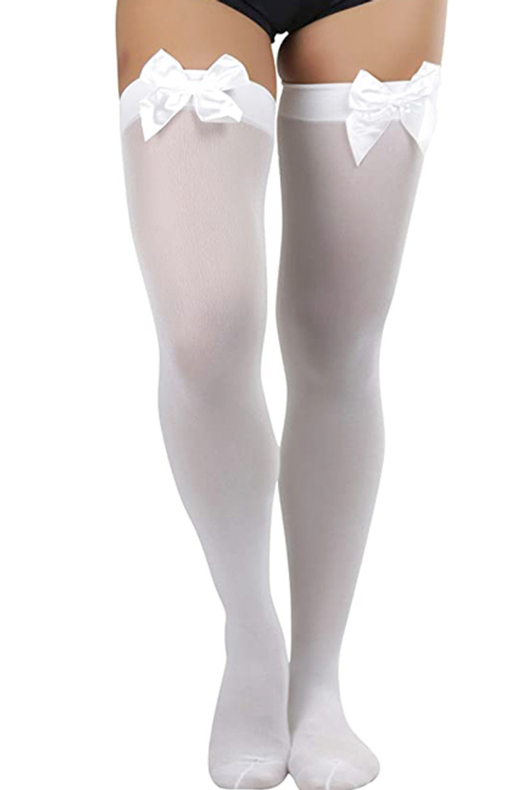 White Satin Bow Semi Opaque Thigh Stockings