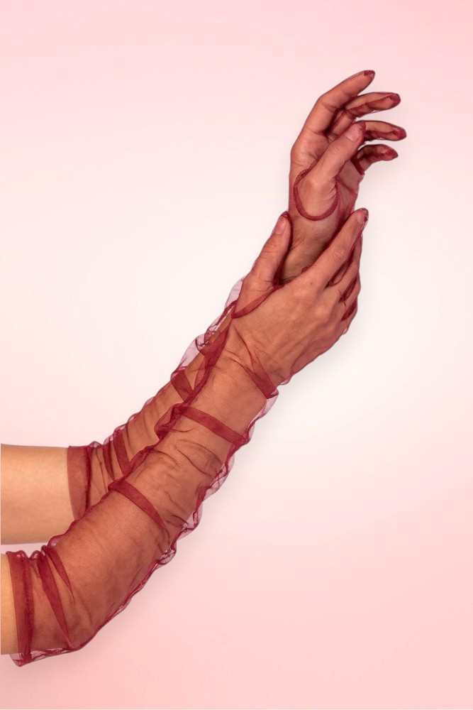 Wine Red Sheer Tulle Gloves.