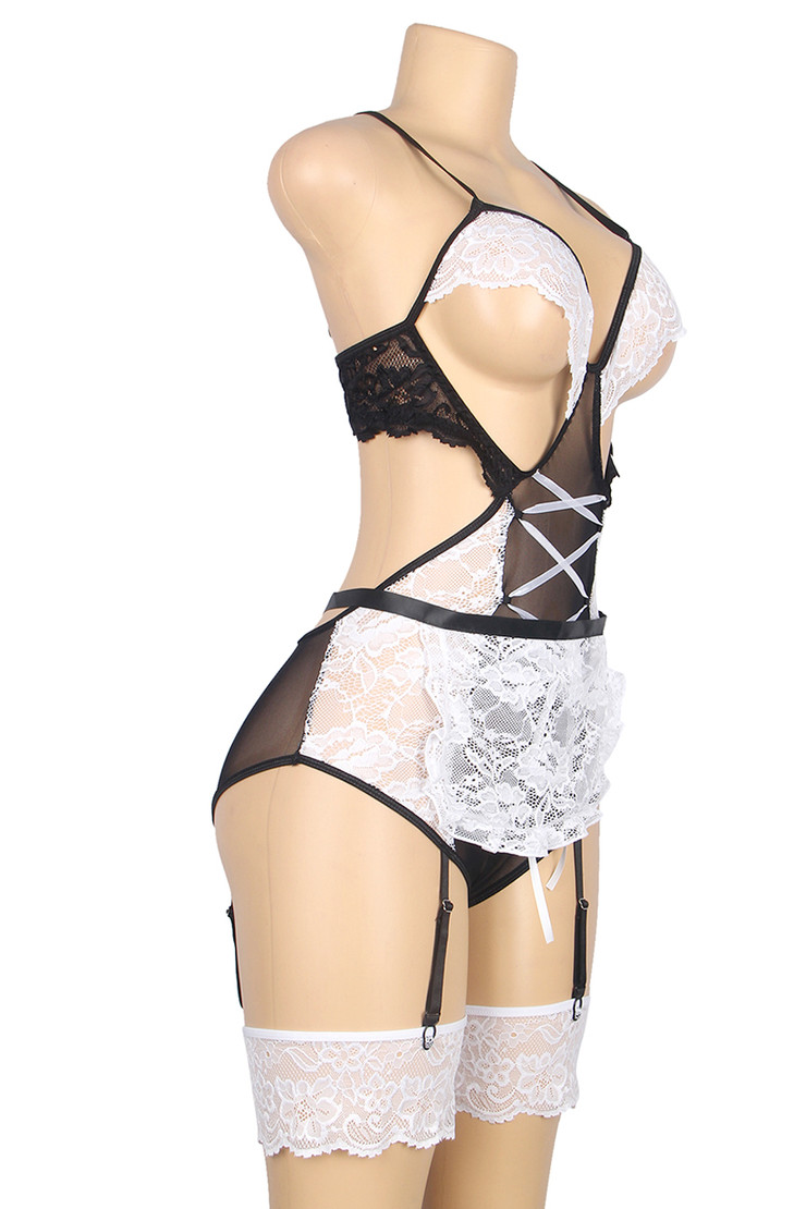 Rafaela Cupless French Maid Garter Teddy Plus Size Costume Lingerie
