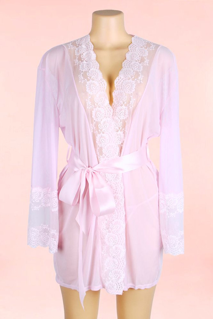 Sorrel Pastel Pink Lace Trimmed Open Back Robe Kimono Lingerie Cover up  actual product picture on a mannequin front view 