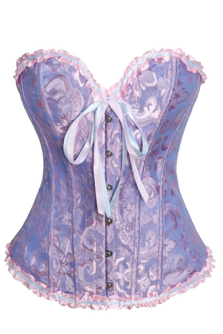 Pale Blue Pink Jacquard Vintage Bustier Boned Corset Top