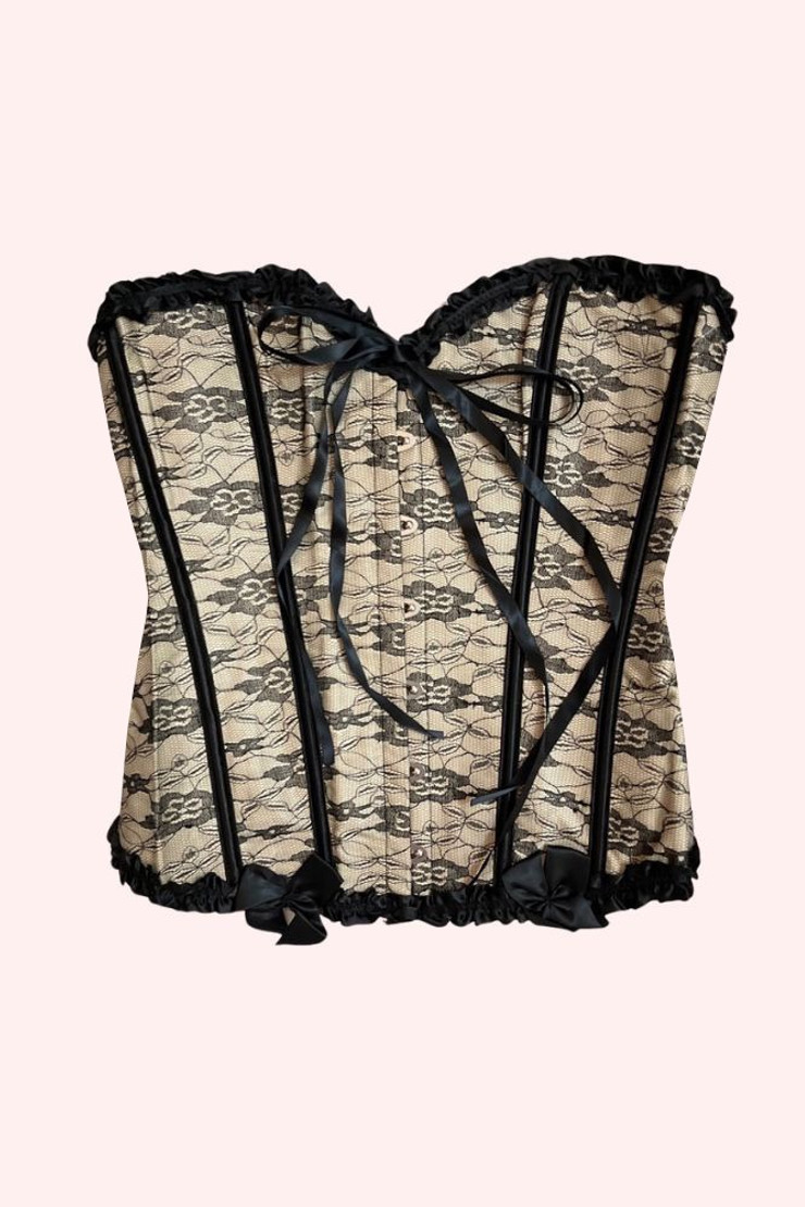 Beige lace overlay burlesque bustier Corset top actual product photo, front view