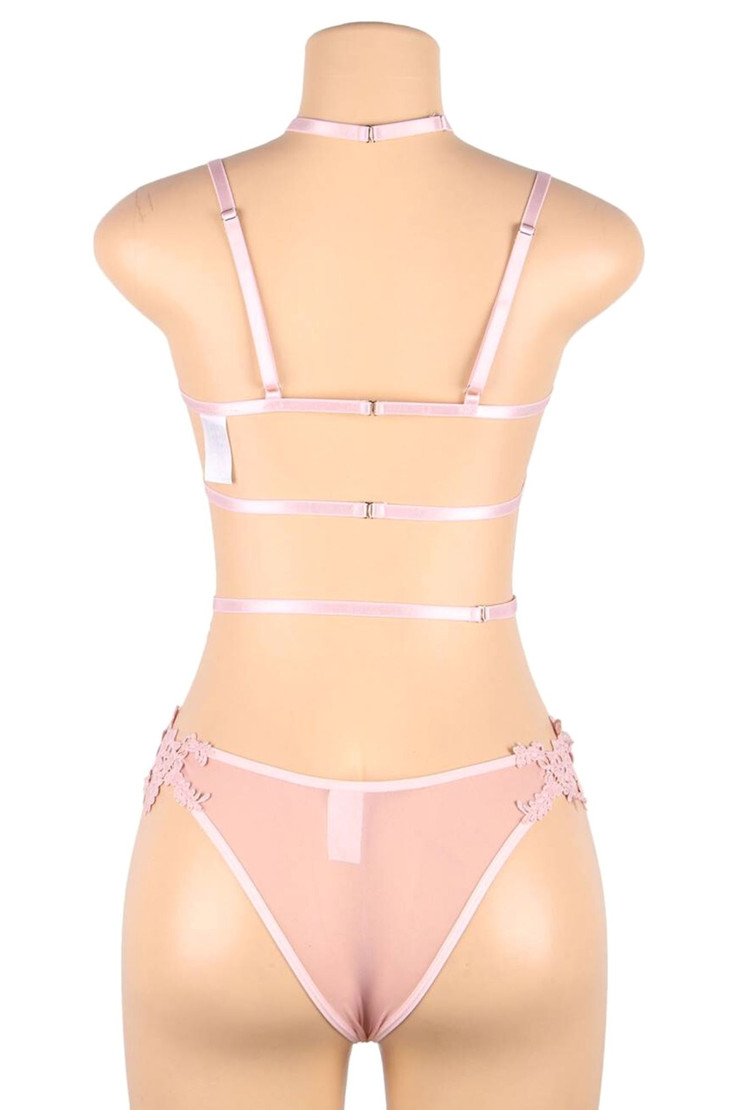 Romy Pink Embroidered Chain Bra and Panty Lingerie Set