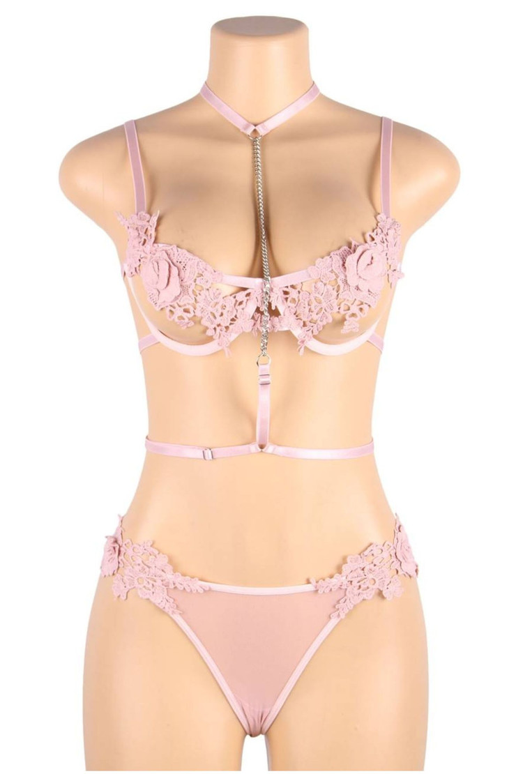 Romy Pink Embroidered Chain Bra and Panty Lingerie Set