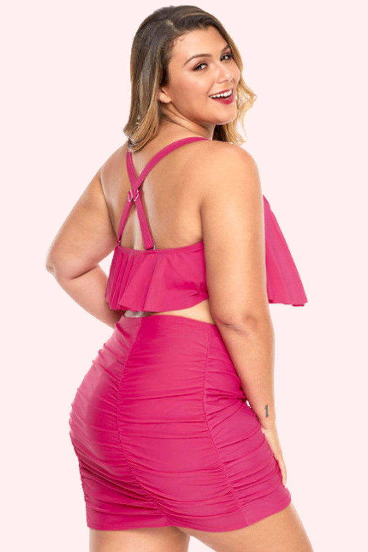 Fuchsia Flounce Ruffle 2 Pc Skirt Retro Plus Size Swimsuit 3XL