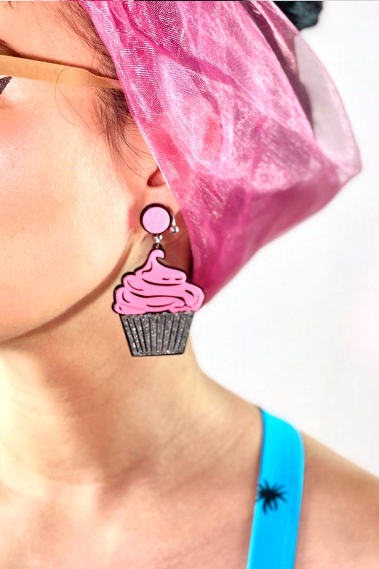 Pink Silver Cupcake Glitter Retro Stud Acrylic  Perspex Dangling Earrings