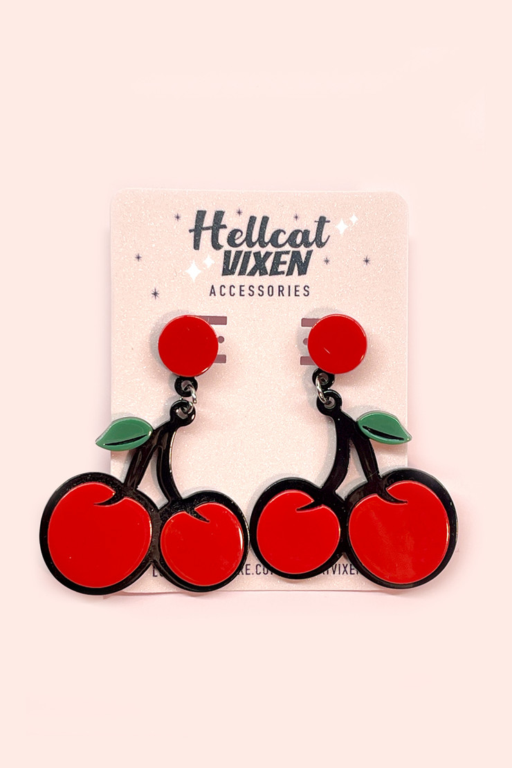 Retro Red Cherry Rockabilly Stud Dangling Laser Cut Layered Acrylic Vintage Style Earrings