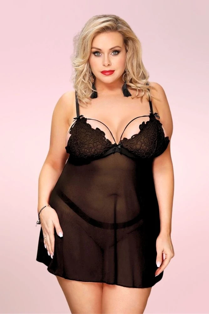 Dana Embroidered Lace Sheer Black Plus Size Babydoll Lingerie  worn by a model front view 