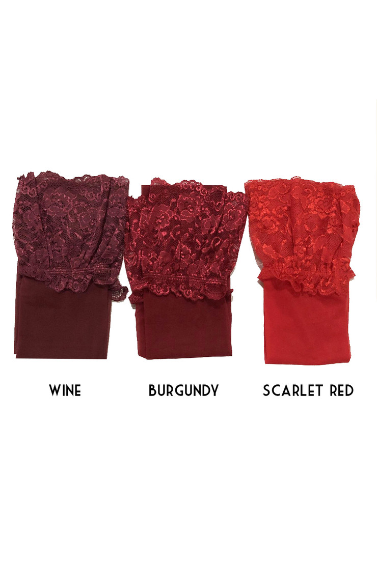 Wine Red Wide Lace Top Sheer Thigh High Stockings